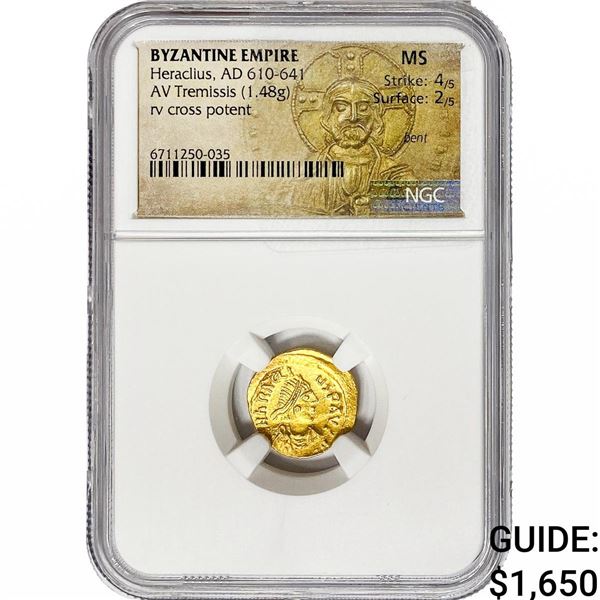 Byzantine Heraclius 610-641 Gold Tremissis 1.48G NGC MS