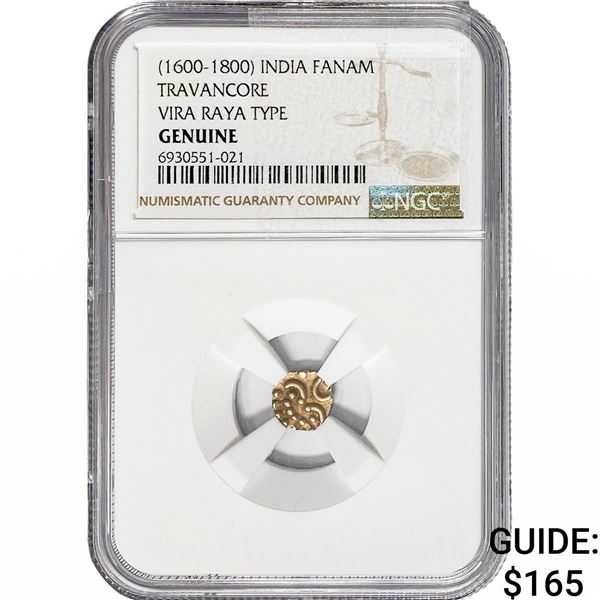 1600-1800 India Fanam Travancore Vira Raya .014AGW NGC