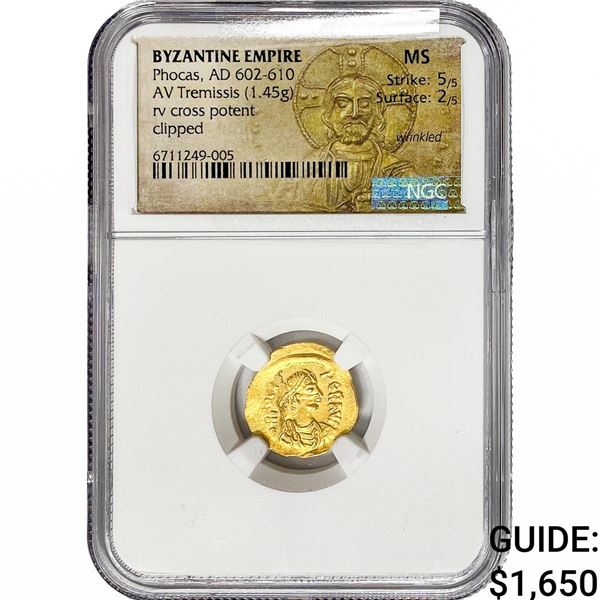 Byzantine Phocas, AD 602-610 Gold Tremissis 1.45G NGC MS