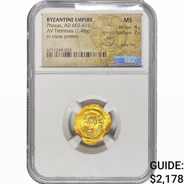Byzantine Phocas, AD 602-610 Gold Tremissis 1.48G NGC MS