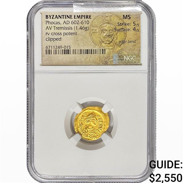 Byzantine Phocas, AD 602-610 Gold Tremissis 1.46G NGC MS