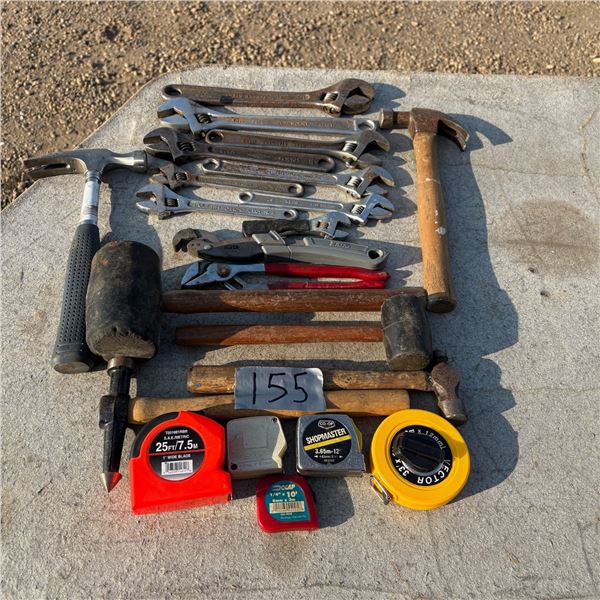 LOT OF CRESCENT WRENCHES, HAMMERS, TAPE MEASURES