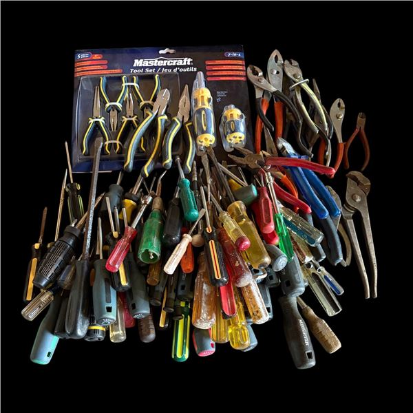 NEW AND USED MASTERCRAFT PLIERS PLUS HUGE ASSORTMENT USED SCREW DRIVERS