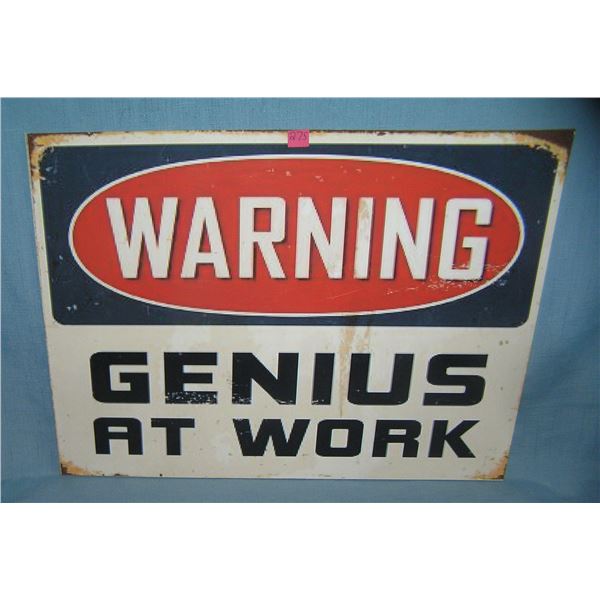 Warning Genius at work retro style advertising sign