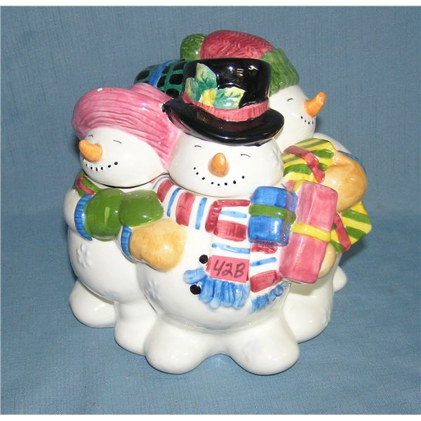 Figural snowmwn paint decorated cookie jar
