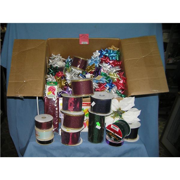 Box full of ribbons, bows and holiday accessories