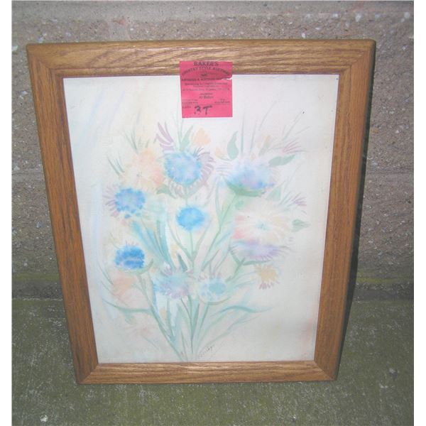 Floral artist signed water color in oak frame