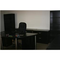 Complete  Black Office Desk Set Includes Cresent Shaped Desk, two Bookcases, 3  lateral file cabinet