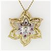 Image 5 : Vintage 14k Two Tone Gold Diamond Ruby Florentine Finish Flower Pendant Necklace