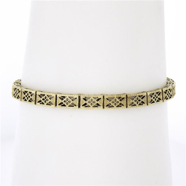 Antique Art Deco Rare 14k Yellow Gold 7" 5.2mm Open Filigree Work Line Bracelet
