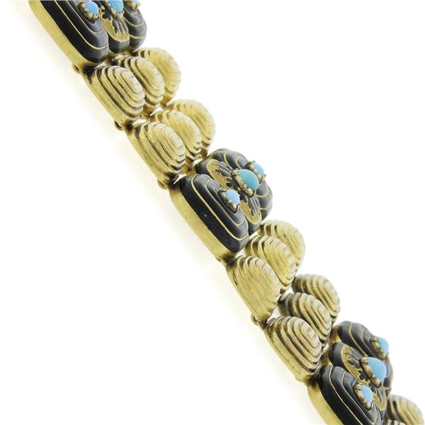 Vintage 18k Yellow Gold Turquoise & Black Enamel Work 1.9mm Wide 3 Row Bracelet
