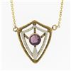 Image 2 : Antique 14k TT Gold Purple Stone Open Work Petite Shield Pendant w/ Cable Chain