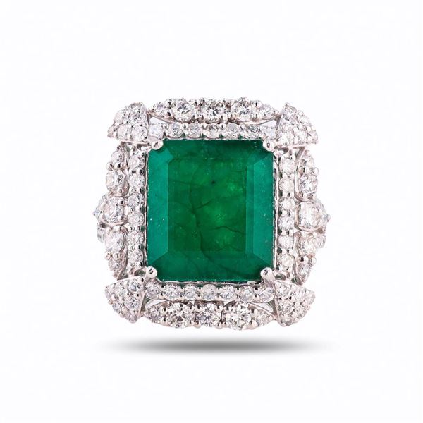 9.48 ctw Emerald and 1.77 ctw Diamond Platinum Ring