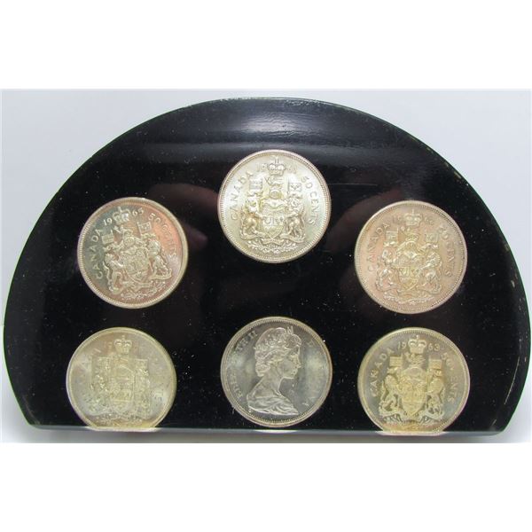 6 Canadian Silver 50-Cent Half Dollar Coins In Lucite