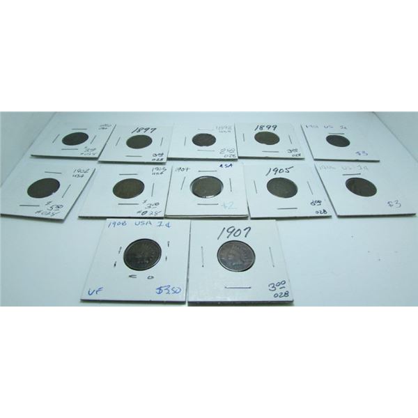 USA Indian Head Small Cent - Pennies - 12 Coins