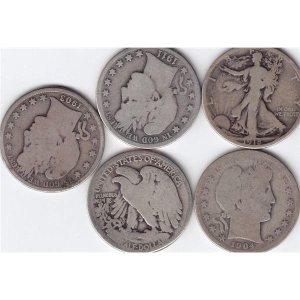 5 x USA Silver Half Dollar Coins - 1903-1918