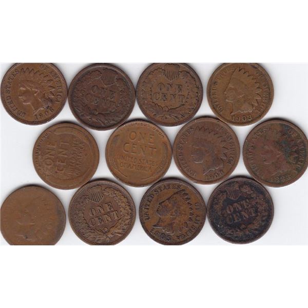 12 United States Small Cent Penny Coins - 1882 - 1908
