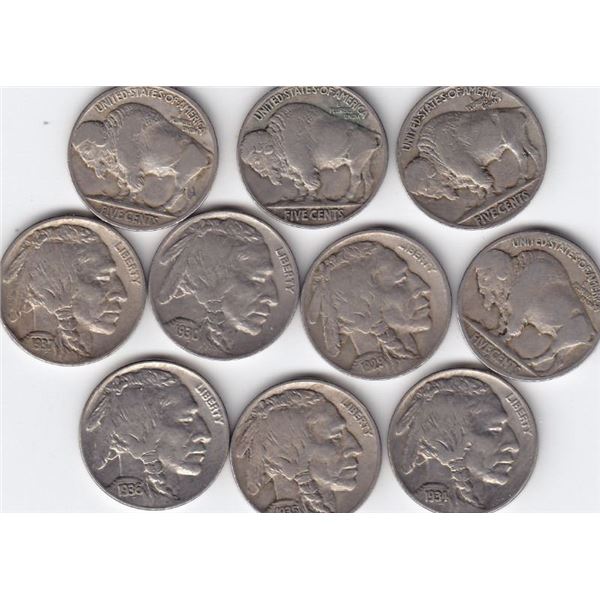 10 United States 5-Cent Nickel Coins - 1925 - 1937