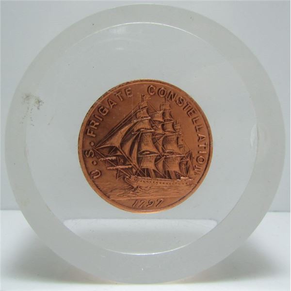Lucite Paperweight With U.S. Frigate Contellation Coin