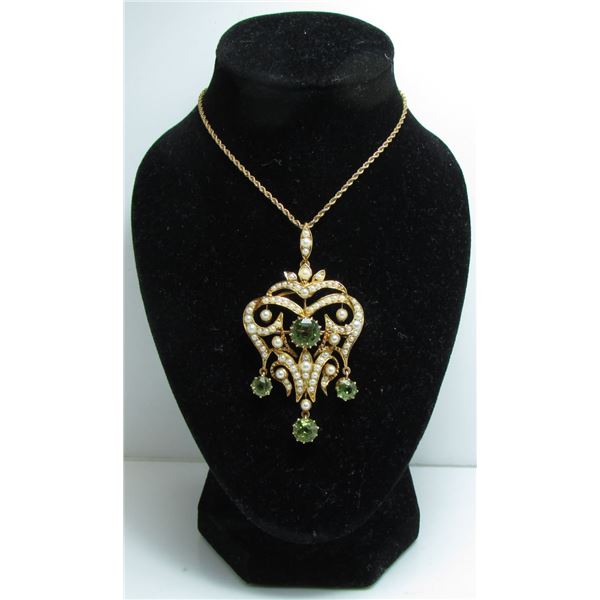Incredible Victorian 10-14 Kt Yellow Gold Pearl & Peridot Pendant - Appraised
