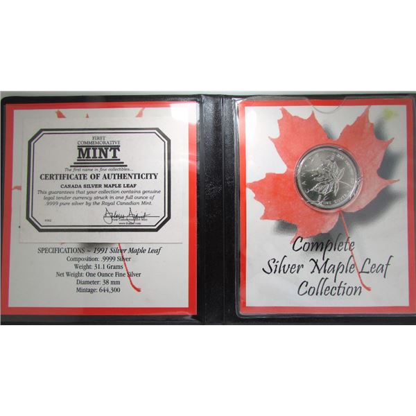 1991 Canada Fine Silver 1 Oz Maple Round In Packaging From First Commemorative Mint