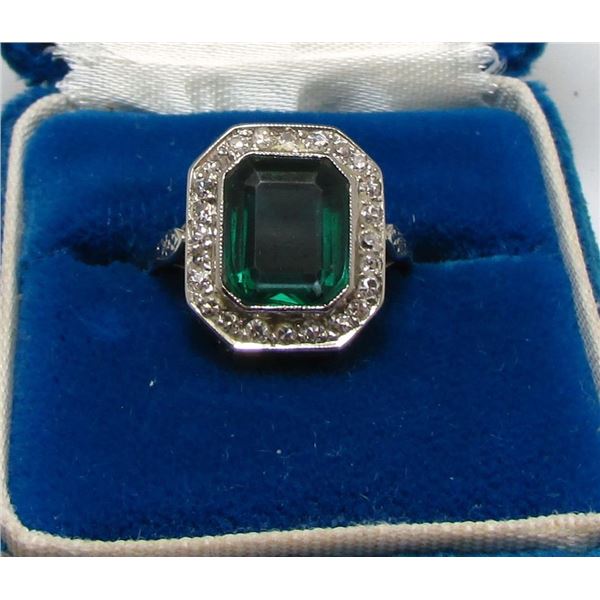 Stunning 10Kt White Gold Ring - Created Emerald Cut Emerald & Genuine Diamond Ring - Size 5 1/2