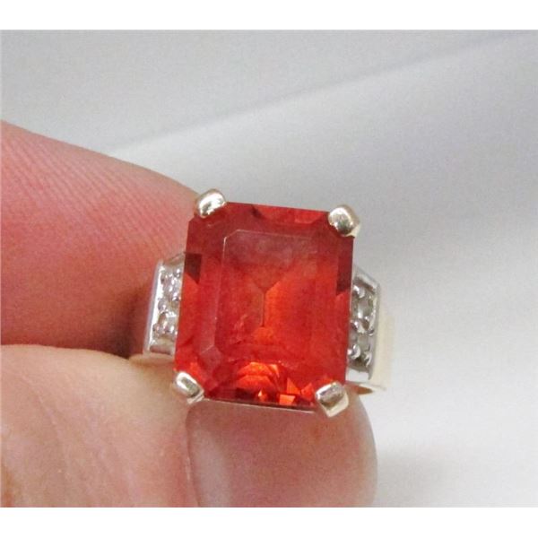 14 Kt Yellow Gold Large Orange Topaz & Diamond Ring - Size 5