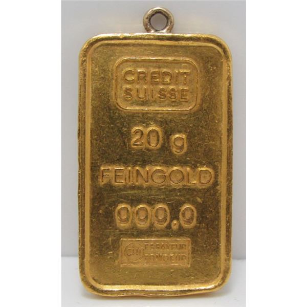Credit Suisse 20 Gram 999.9 Fine Gold Bar With Bale Added