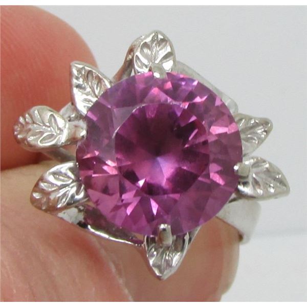 10 Kt White Gold & Synthetic Pink Sapphrie Flower Ring - Size 6 1/2 - Appraised Value $630