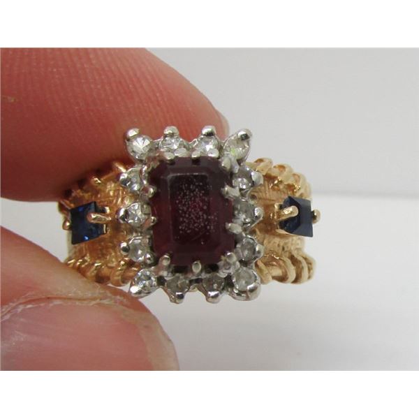 14 Kt Yellow Gold Garnet, Sapphire & Diamond Fashion Ring - Size 5 1/2