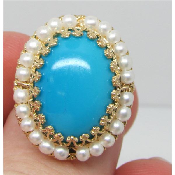 14Kt Yellow Gold Turquoise & Pearl Ring - Intricate Design - Size 6 1/4