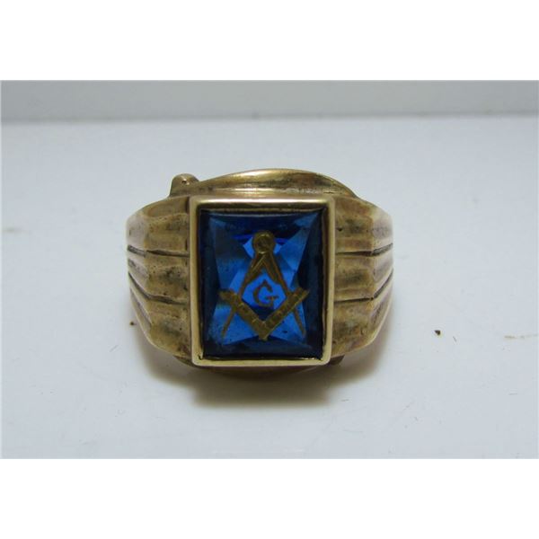 Mens 10 Kt Yellow Gold & Blue Stone Masonic Ring