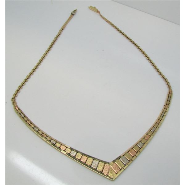 Beautiful 14 Kt Tri-Gold Fashion Chevron Necklace - 16" - 17.3 Grams