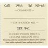 Image 3 : 1944 Canada ICCS Graded Five Cent Nickel Coin - MS-65