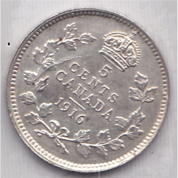 1916 Canada ICCS Graded Silver 5-Cent Coin - AU-50 - Cleaned