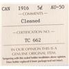 Image 3 : 1916 Canada ICCS Graded Silver 5-Cent Coin - AU-50 - Cleaned