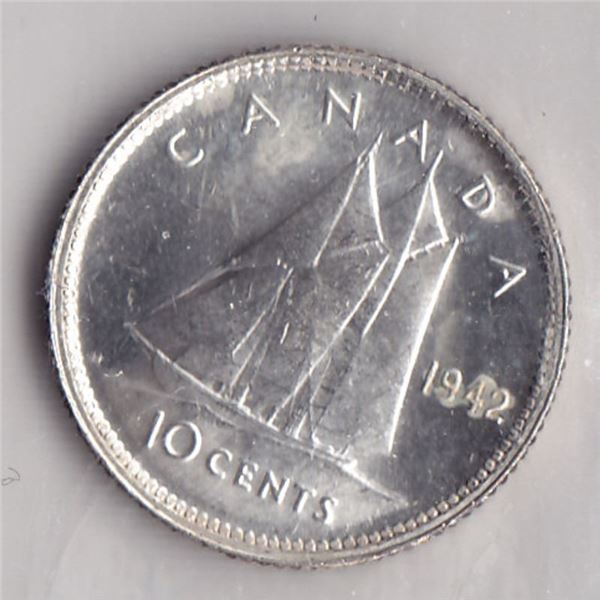 1942 Canada ICCS Graded Silver 10-Cent Dime Coin - AU 55