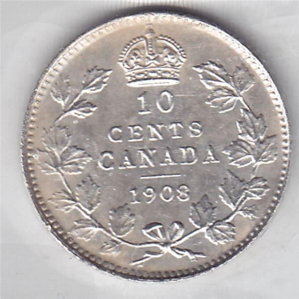 1908 Canada ICCS Graded Silver Ten Cent Dime Coin - AU-50 - Cleaned