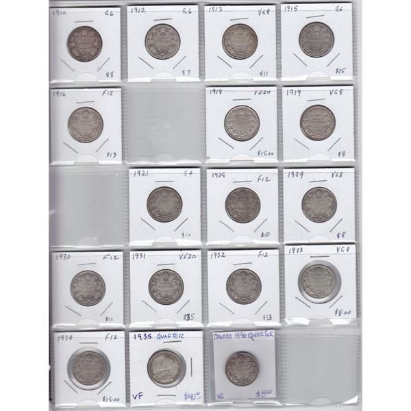 Canada Silver 25-Cent Quarter Lot - 17 Coins - (1910-1936)