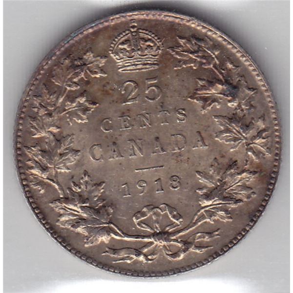 1918 Canada ICCS Graded Silver Twenty-Five Cent Quarter Coin - EF-45