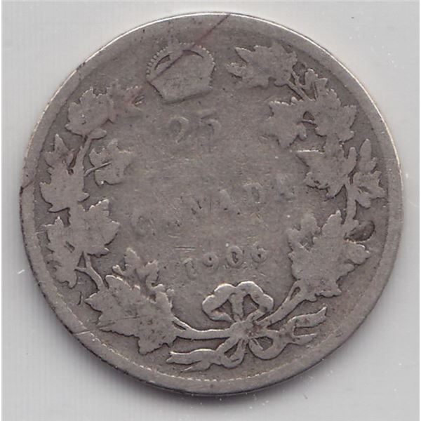 1906 Canada ICCS Graded Silver 25-Cent Quarter Coin - A G 3 - SMALL CROWN
