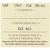 Image 3 : 1947 Canada ICCS Graded Silver 25 Cent Quarter Coin - MS-65