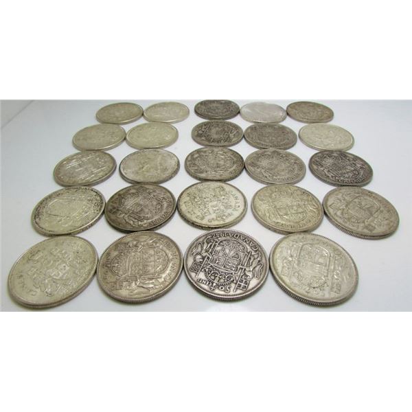 24 Canadian Silver 50-Cent Half Dollar Coins (1940 - 1967)