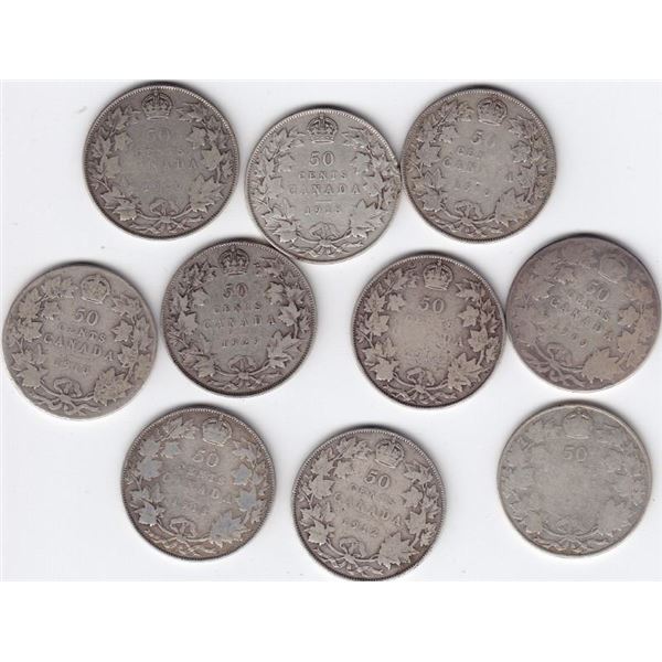 10 Canadian Silver 50-Cent Half Dollar Coins - 1909 - 1929