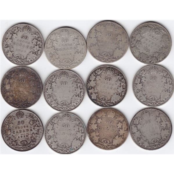 12 Canadian Sterling Silver 50-Cent Half Dollar Coins - 1906 - 1919