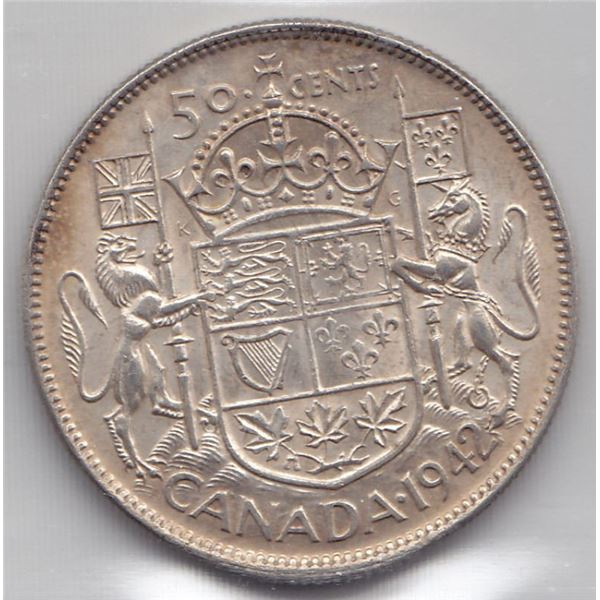 1942 Canada ICCS Graded Silver Fifty (50) Cent Half Dollar Coin - MS-60