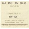 Image 3 : 1942 Canada ICCS Graded Silver Fifty (50) Cent Half Dollar Coin - MS-60