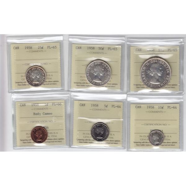 1958 Canada Coin Set - All ICCS Graded - PL 64 And Up -- PL 66 PENNY