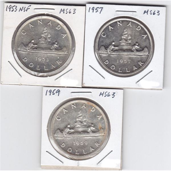 3 Canadian Silver $1 Dollar Coins - MS 63