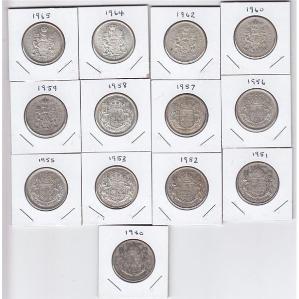 13 Canadian Silver 50-Cent Half Dollar Coins - 1940 - 1965
